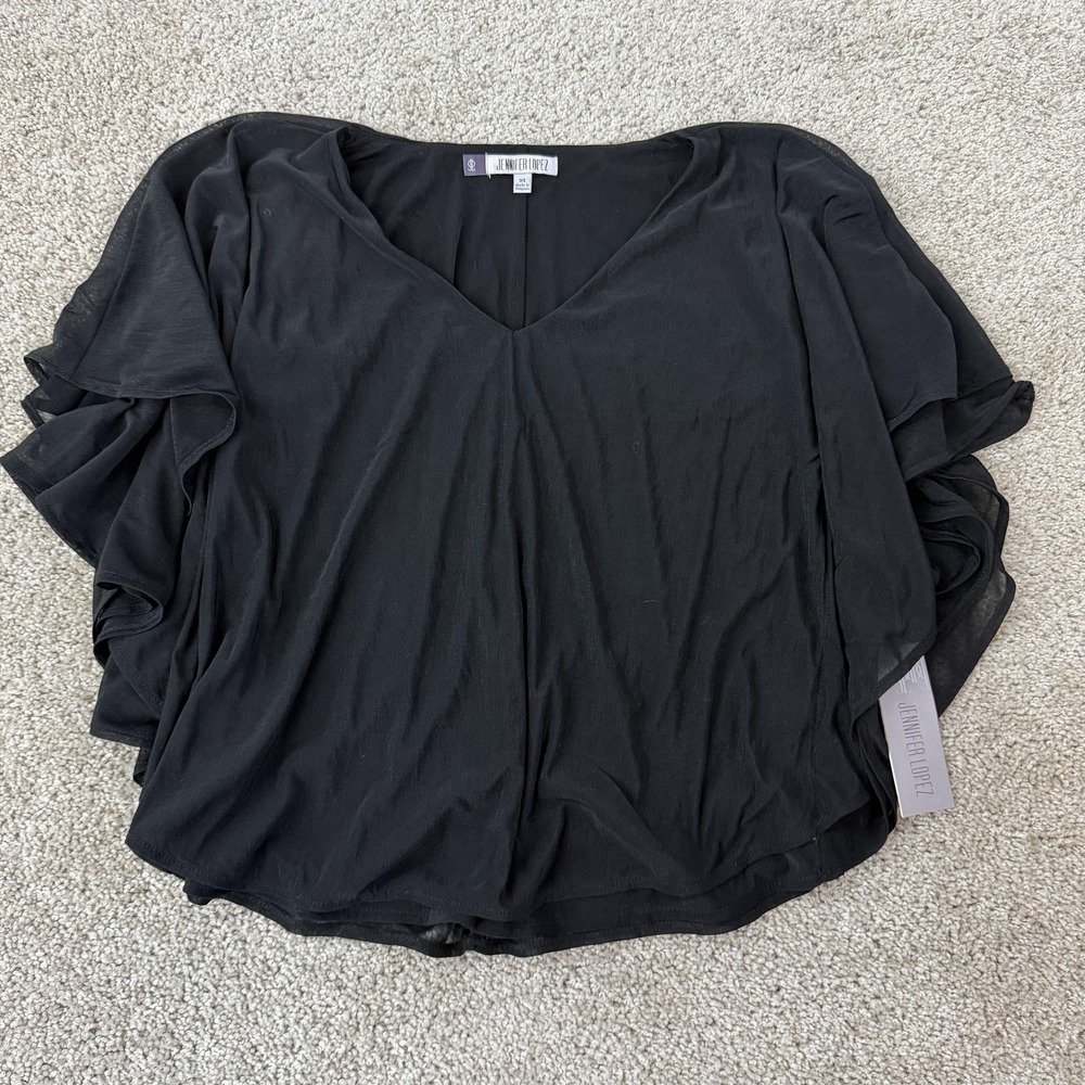 Jennifer Lopez Blouse Womens XS Black Chiffon Ruffle Dolman Sleeve Top Pullover